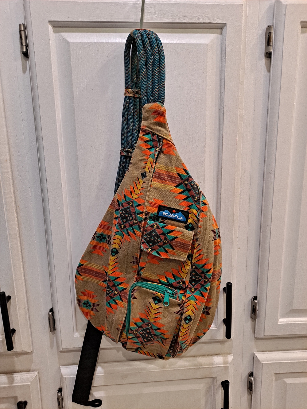 Kavu 'Mojave Dunes' Tan Rope Sling Bag Teal Orange Aztec Accents Canvas Tote